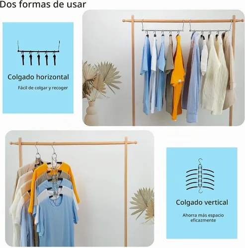 Vista 2 de Nature Smile Paquete de 4 perchas antideslizantes 5 en 1, perchas de metal mágicas que ahorran espacio, perchero de ropa de armario de varias capas