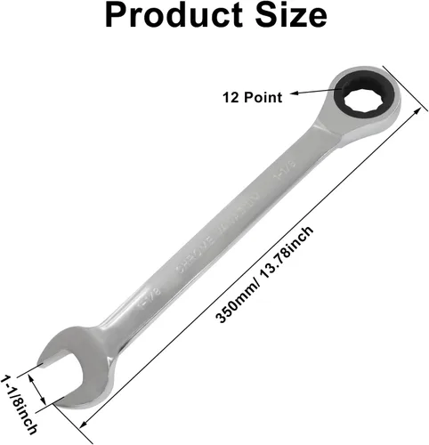Vista 2 de Llave de trinquete de 1-1/8 pulgadas, llave combinada de trinquete, 12 puntos, 72 dientes para proyectos SAE espacios reducidos