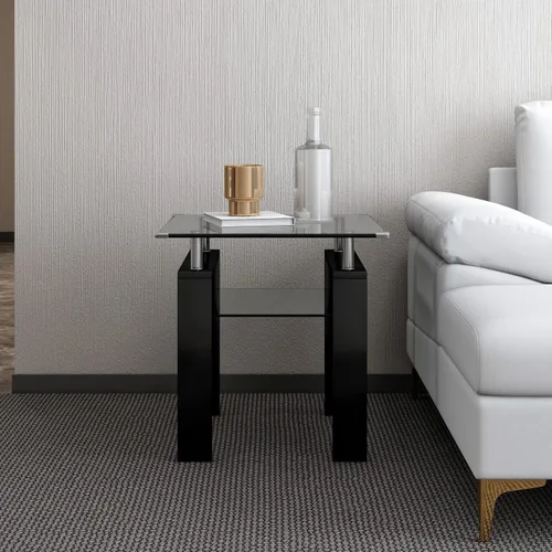 Vista 4 de SSLine Mesa auxiliar de vidrio templado, moderna mesa auxiliar rectangular transparente de 2 niveles con estante inferior, mesas centrales de vidrio