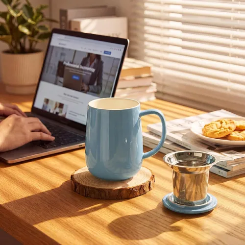 Vista 4 de Sweese Taza de té de porcelana de 20 onzas con infusor y tapa, taza de té gris azulado