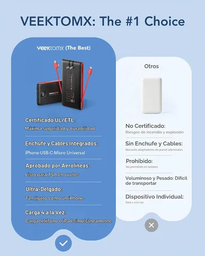 Vista 2 de VEEKTOMX Cargador portátil con cables incorporados y enchufe de pared de CA Negro rojo