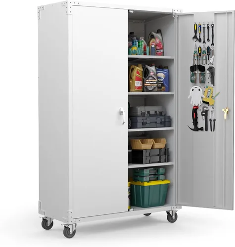 Vista 12 de VINGLI Armario de Pared para Garaje con Puertas con Cerradura y Estante Ajustable, Gabinete de Pared de Metal, Gabinete de Almacenamiento Superior