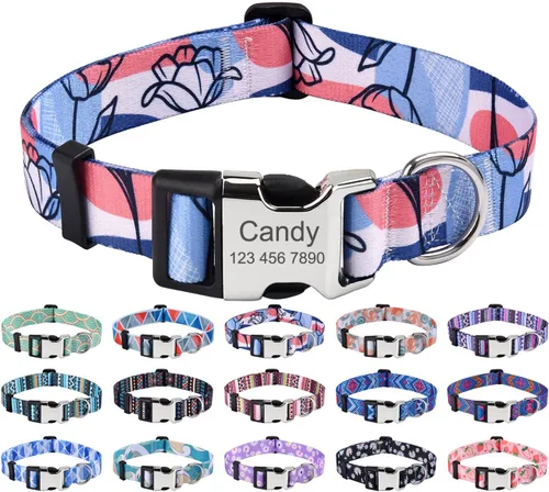 Vista 11 de Mihqy Collares de perro personalizados, collar de perro personalizado con nombre y número de teléfono, múltiples patrones y 4 tamaños de collar