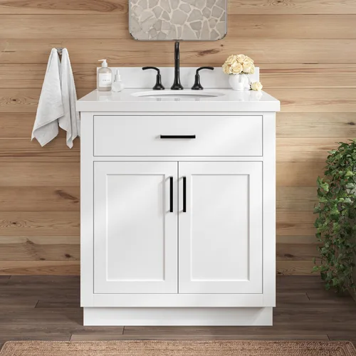 Vista 79 de ARIEL Hepburn - Tocador de baño de 30 pulgadas con fregadero, madera maciza, encimera y protector contra salpicaduras de cuarzo blanco puro de 1.5