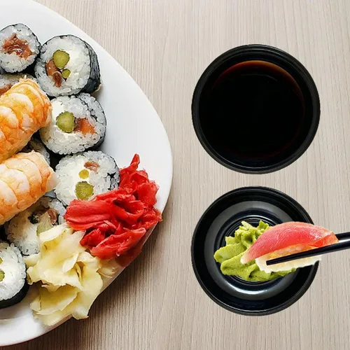 Vista 5 de 100 platos desechables de plástico para salsa, cuencos para condimentos de salsa de soja, mini bandeja de condimentos para sushi, soja, mostaza