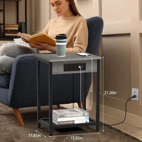 Vista 3 de Mesita de noche con estación de carga, mesa auxiliar para dormitorio con puertos USB y tomacorrientes, soporte moderno para tocadiscos, mesa