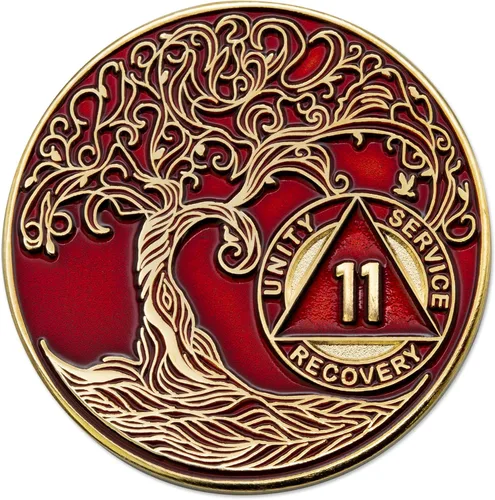 Vista 95 de 1 año Sobriety Mint Twisted Tree of Life Medallón de recuperación AA chapado en oro, chip/ficha - negro