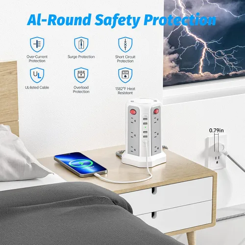 Vista 4 de Regleta de alimentación de torre con PD20W USB C, estación de carga de cable de extensión de escritorio de 6 pies con 12 tomas de corriente alterna