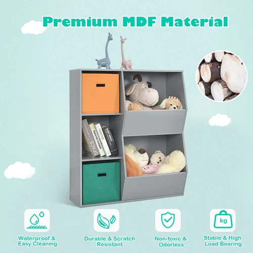 Vista 15 de HONEY JOY Organizador de almacenamiento de juguetes para niños con 5 cubículos, estantería y estantería para niños con 2 cajas de almacenamiento