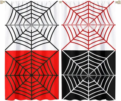 Vista 86 de Cortinas opacas de tela de araña aterradora para niños, tela de araña en blanco y negro, fondo rojo, dormitorio de niños, guardería, decoración