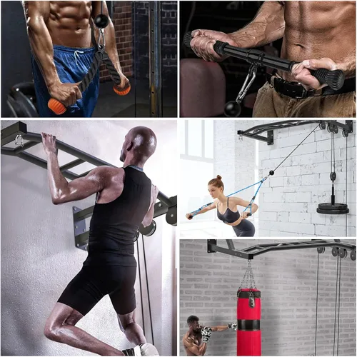 Vista 6 de SELEWARE Barra de dominadas de alta resistencia de 48 pulgadas, soporte de pared, barra multifunción con sistema de polea de cable de gimnasio
