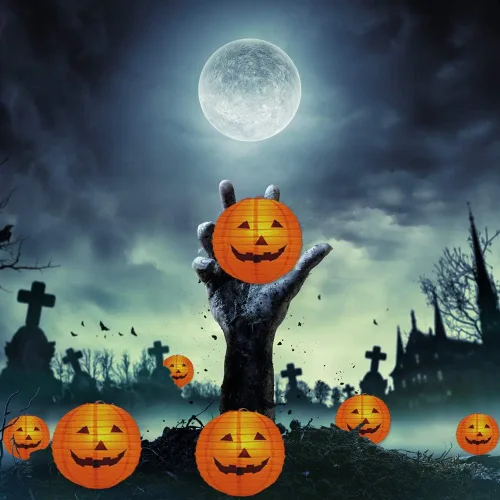 Vista 4 de 10 faroles de papel de calabaza de Halloween, farol Jack O Lantern de papel colgante de calabaza para fiestas de Halloween, decoración de jardín, 12