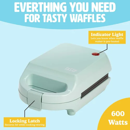 Vista 5 de Tasty Mini - Gofrera antiadherente, perfecta para gofres individuales, hash browns, brownies y más, resultados rápidos, fácil de limpiar, 600W, Agua