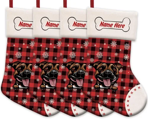 Vista 50 de Foto personalizada, Feliz Navidad, búfalo rojo, a cuadros, feliz perro, calcetín de Navidad, copo de nieve, decoración de vacaciones, calcetín