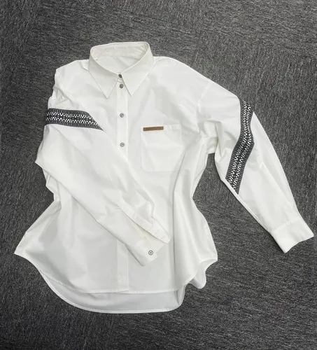 Vista 2 de Camisa de manga larga de algodón para mujer - Blusa de moda de algodón estilo clásico y bonito