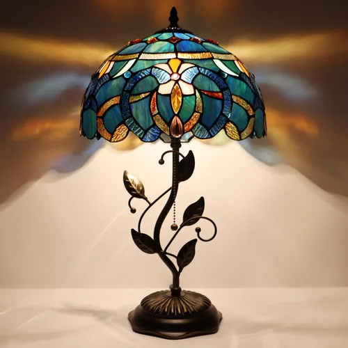 Vista 11 de Tiffany Table Lamp, Stained Glass Desk Light, W12H19 Inch, Metal Leaf Base (Sea Blue Pearl Style)