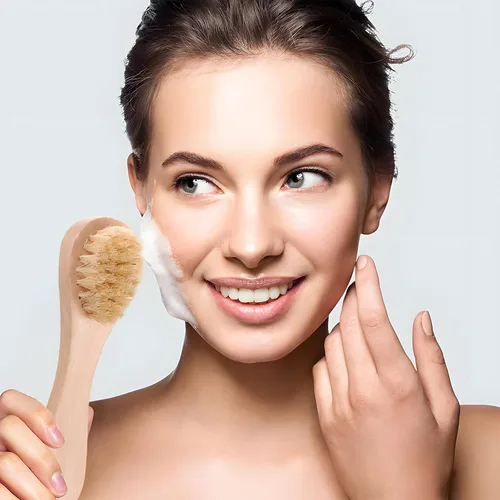 Vista 2 de Paquete de 2 mini cepillo seco, cepillo de cerdas naturales para cuerpo pequeño, cepillo exfoliante de limpieza facial para piel suave y otras áreas