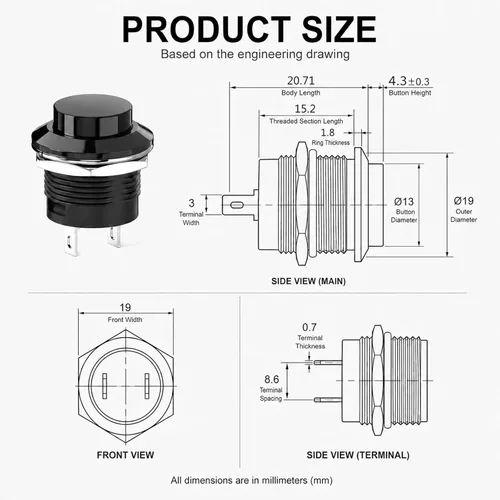 Vista 3 de Interruptor de botón momentáneo, mini interruptor redondo sin bloqueo, CA 250 V/3 A CA 125 V/6 A, tapa negra de apagado (10 piezas)