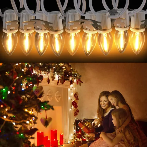 Vista 5 de Cable de luces de aldea de Navidad Meonum con 9 bombillas, lámpara LED C7 de 18 pies con atenuador y enchufe hembra, cable de luz moldeado