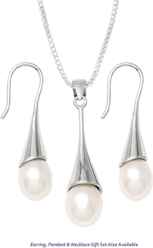 Vista 6 de LooptyHoops Aretes de plata de ley con perlas de agua dulce con gancho de gota de trompeta, colgante de perlas de agua dulce a juego en plata