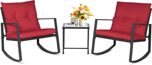 Vista 11 de SUNCROWN - Juego de 3 piezas de muebles de mimbre para exteriores, sillas para el porche, juegos de conversación con mesa de café de cristal