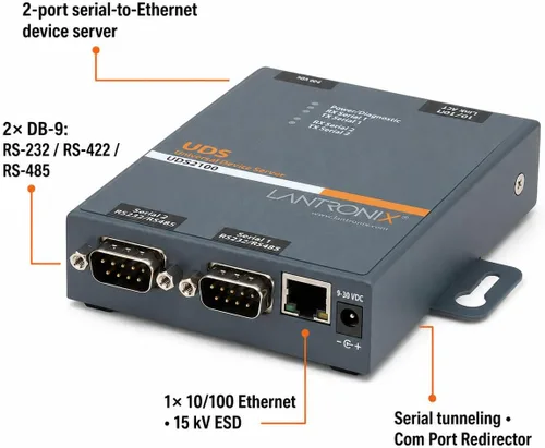 Vista 5 de Lantronix Servidor de dispositivos UDS1100/UDS2100 - Servidor de dispositivos serie a Ethernet de 1 o 2 puertos, RS-232/422/485, Ethernet 10/100