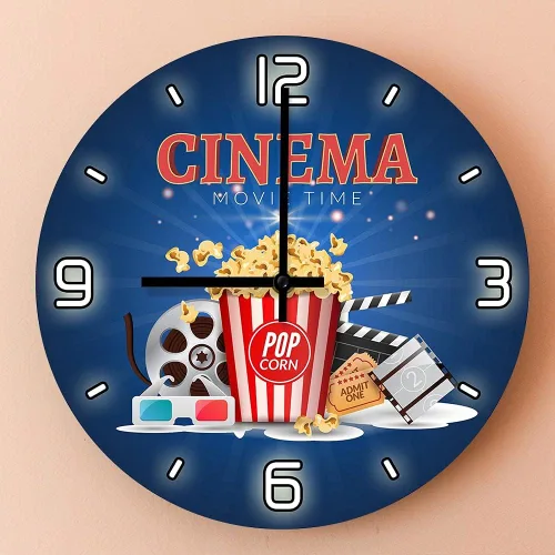 Vista 4 de The Geeky Days Movie Time Popcorn Filmstrip Clapboard Tickets Reloj de pared silencioso Diseño moderno Amantes de la película Decoración del hogar
