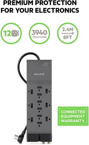 Vista 2 de Belkin - Tira de alimentación con protector contra sobretensiones - 12 tomas múltiples de CA & cable de extensión resistente de 8 pies de largo