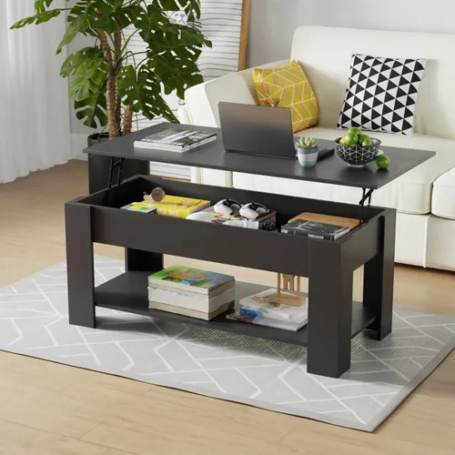 Vista 7 de Mesa auxiliar, mesa auxiliar de madera con compartimentos ocultos y estantes de almacenamiento, mesa de centro moderna de madera maciza con mesa