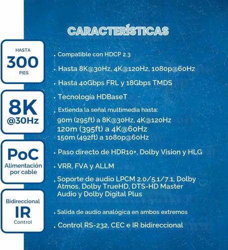 Vista 9 de OREI Extensor HDMI 8K@30Hz Balun HDBaseT 300ft - VRR, HDR, CEC, IR, RS-232