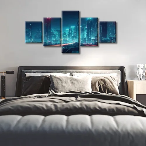 Vista 76 de Cuadros de 5 paneles de Cyberpunk City, arte de pared, representación de vallas publicitarias, edificios modernos en la capital con obras de arte