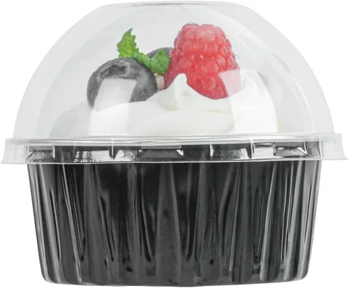 Vista 13 de Restaurantware Ramequines desechables de 4.2 onzas con tapas, 100 vasos desechables redondos de crema brulee, tapas de cúpula aptas para horno, Negro