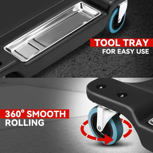 Vista 4 de Auto Dynasty Tablilla rodante de 40 pulgadas para reparación mecánica automotriz en el garaje, de perfil bajo, con luz LED y reposacabezas Negro
