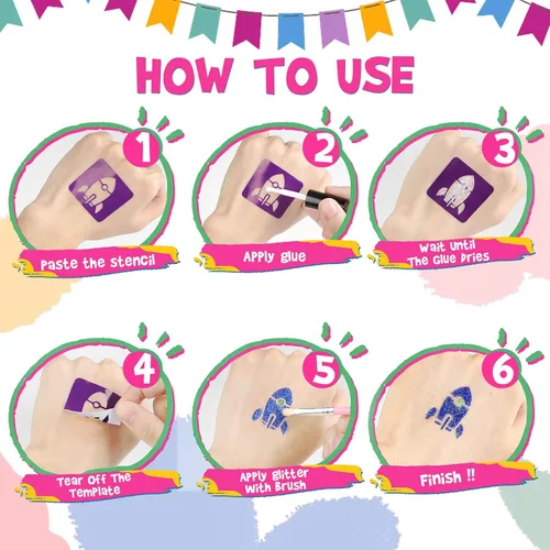 Vista 5 de Dreamon Tatuajes con purpurina para niños, tatuajes temporales para niñas y niños, kit de tatuaje con purpurina de 36 colores, regalos para fiesta