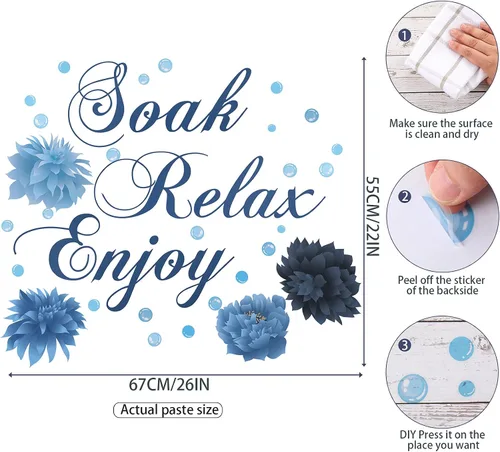 Vista 2 de Xuniea Calcomanías azules de pared de baño, Soak Relax Enjoy Spa, calcomanías de decoración de pared impermeables para dormitorio, baño, cocina
