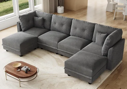 Vista 23 de LLappuil Sofá seccional modular con asientos de almacenamiento, sofá seccional convertible modular en forma de U de pana para sala de estar, sofá