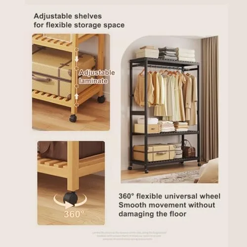 Vista 6 de Portable Bamboo Clothes Rack with Shelves - Free Standing Wooden Wardrobe, Rolling Garment Rack for Bedroom, Adjustable Multi-Storage Organizer with
