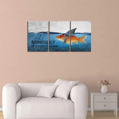 Vista 2 de 3 Paneles de Arte de Pared en Lienzo Inspiracional Enmarcado Moderno Pez Dorado Cuerpo Fuerte Corazón de Tiburón La Mentalidad lo es Todo Carteles
