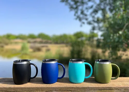 Vista 6 de Juego de 2 tazas de café aisladas de acero inoxidable (14 onzas) de doble pared con tapa y asa resistentes a derrames, tazas inastillables