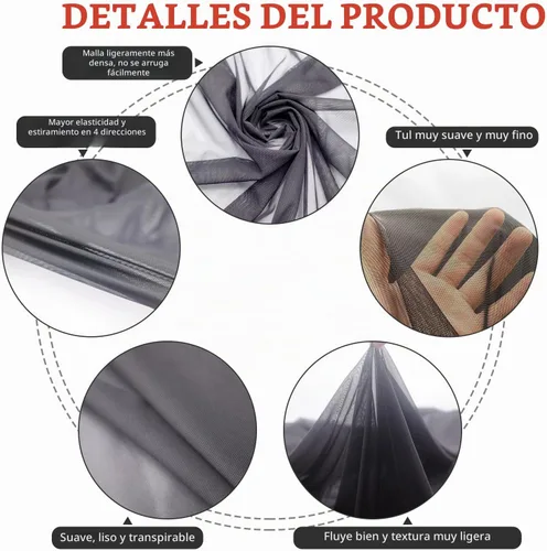 Vista 3 de Tela de malla elástica Power Mesh Superfina de 4 direcciones, nylon y spandex, malla transparente, 1 yarda de largo, 60" de ancho (Negro)