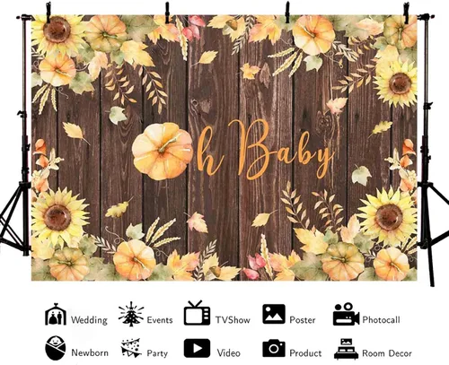 Vista 2 de AIBIIN telón de fondo de otoño Oh Baby de 7 x 5 pies para otoño, Acción de Gracias, calabaza, madera rústica, baby shower, fotografía, fondo, dar