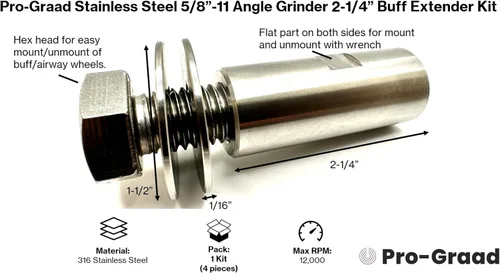 Vista 2 de Kit extensor de pulido de amoladora angular de acero inoxidable 5/8"-11, rueda de pulido de vías respiratorias eje de extensión de 2-1/4", adaptador