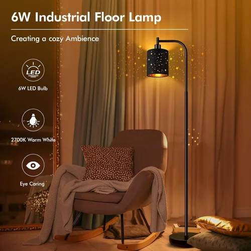 Vista 2 de Lámpara de pie industrial gótica con pantalla cortada láser estrellada, lámpara de pie de metal negro de 67 pulgadas con bombilla LED de 6 W