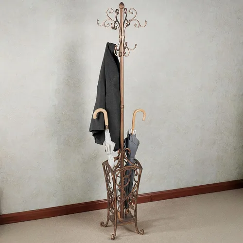 Vista 2 de Touch of Class Kensington - Perchero y sombrero, acabado dorado antiguo Metal Rack, Scrollwork Design, Eight Hanging Hooks, Bottom Umbrella
