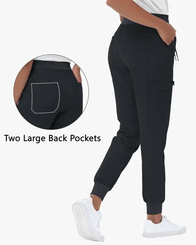 Vista 2 de Pantalones médicos de cintura alta para mujer, 8 bolsillos, cintura cónica, puños acanalados en los tobillos