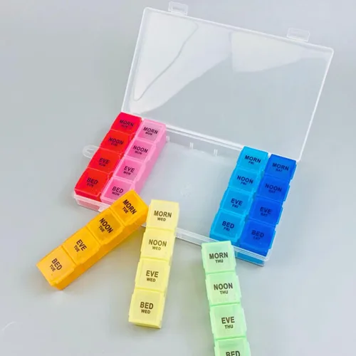 Vista 2 de Organizador de pastillas 4 veces al día, pastillero semanal de primera calidad, caja organizadora de medicamentos, caja organizadora de medicamentos