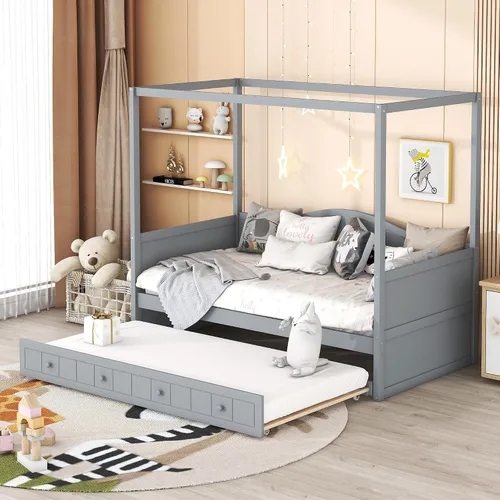 Vista 19 de Polibi Sofá cama extensible, sofá cama de madera con nido y dos cajones, sofá cama convertible con 2 cajones de almacenamiento, se puede ampliar