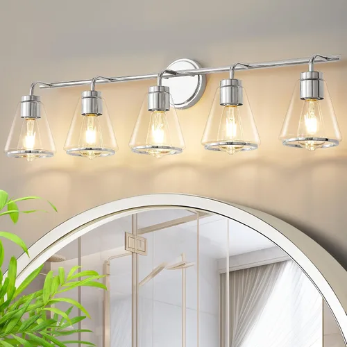 Vista 13 de Accesorios de iluminación de baño sobre espejo Luces de tocador doradas de 2 luces con pantalla de vidrio transparente de 14 pulgadas Luces