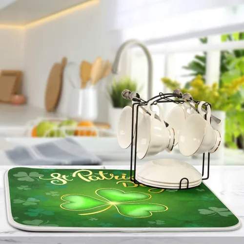 Vista 5 de Tapete de secado de platos de trébol verde de 16 x 18 pulgadas para cocina, trébol de la suerte, día de San Patricio, tapete escurridor de platos