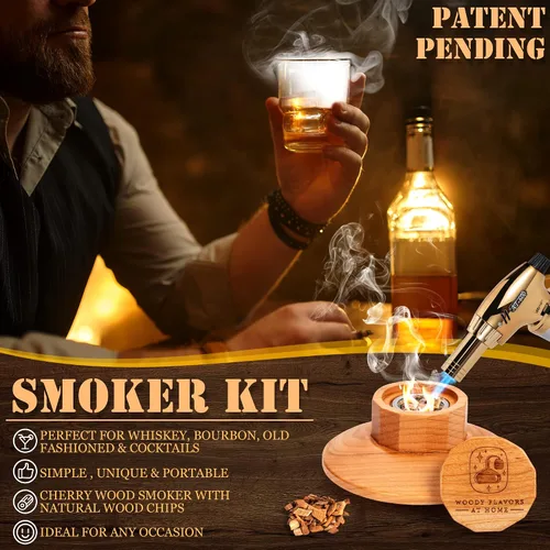 Vista 6 de Kit de ahumador de cócteles – Kit de camarero para ahumar bebidas con antorcha, moldes de hielo esfera, virutas de madera aromática – Kit